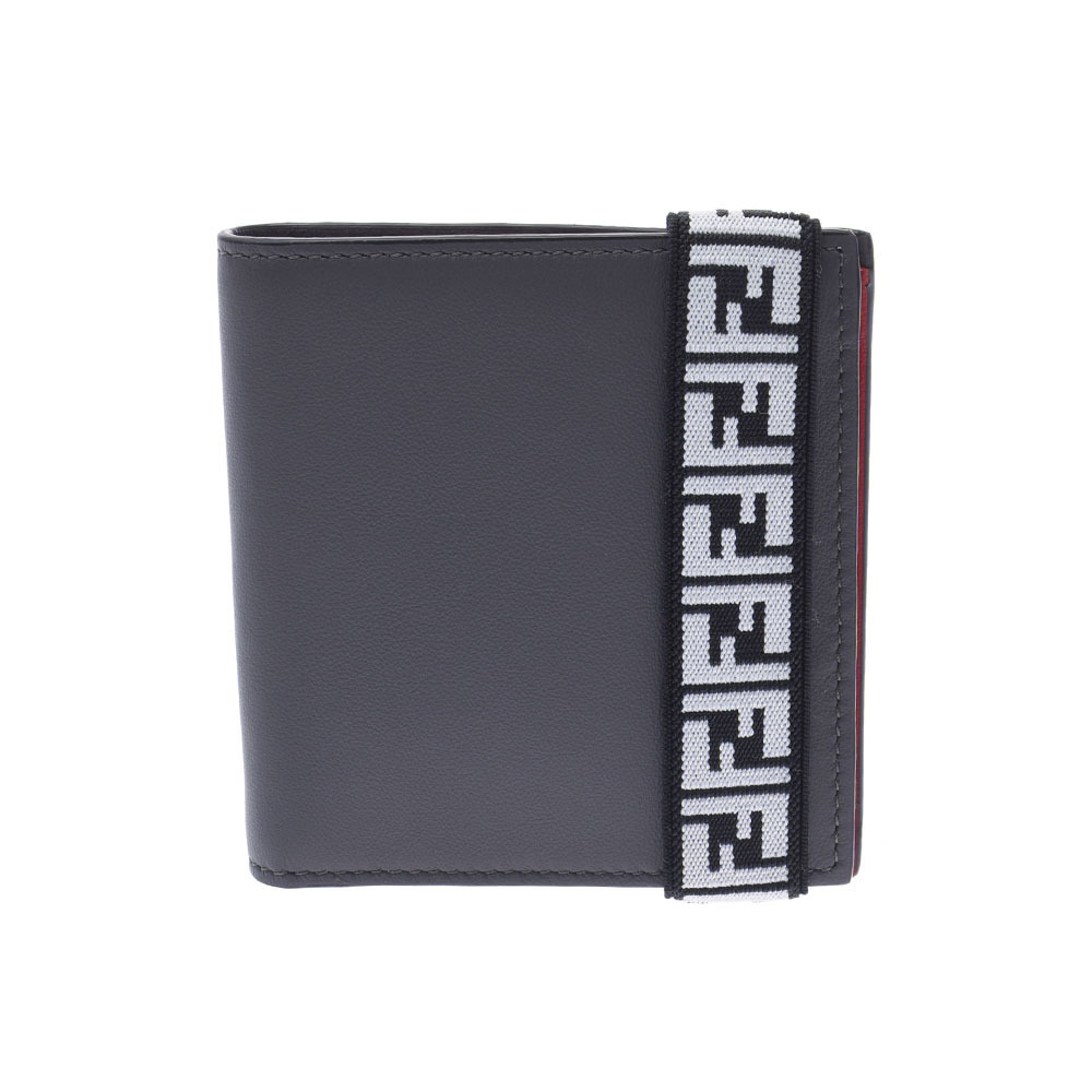 Fendi Compact Bi fold Wallet Gray Red Leather Billfold